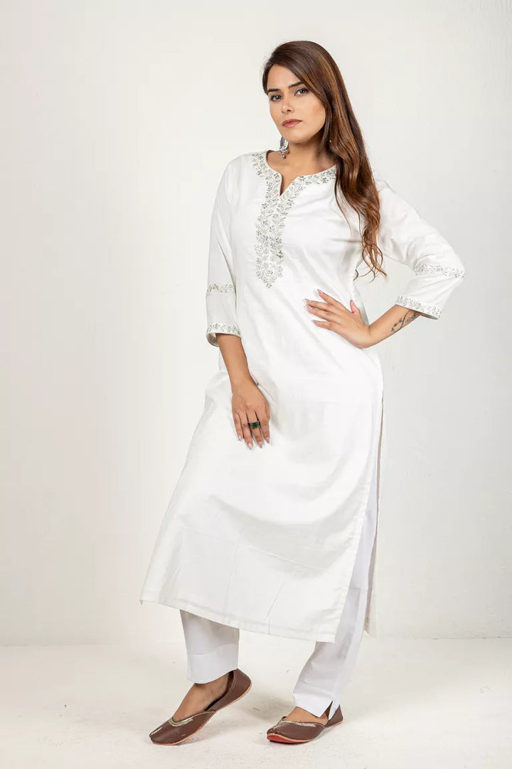 Off-White 3/4 Sleeves Cotton Kurta