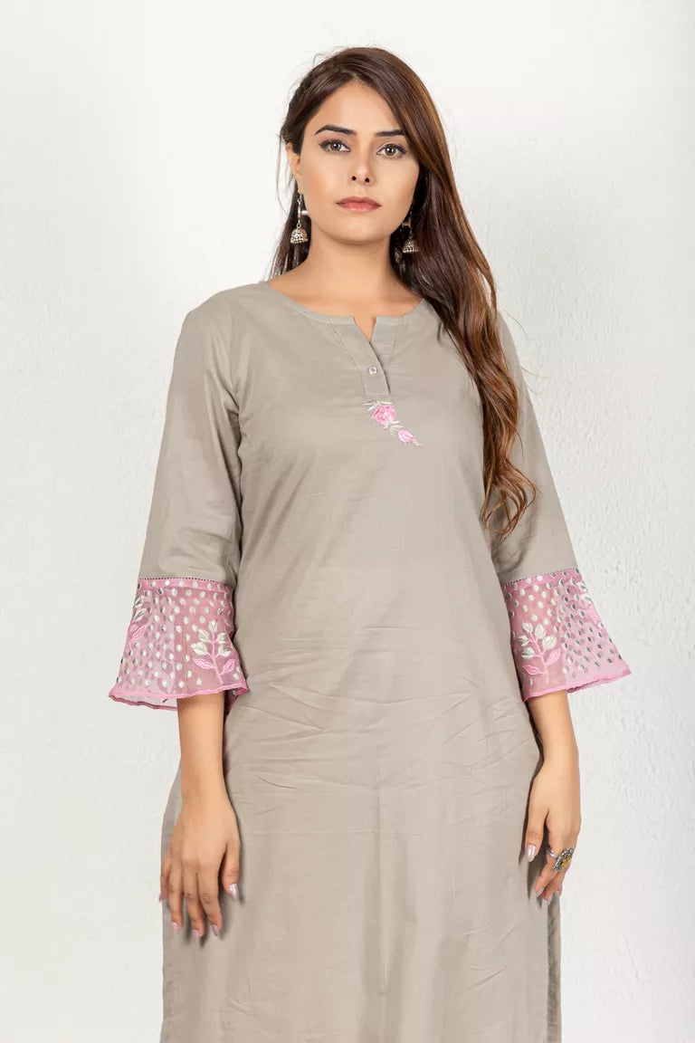 Dull Grey-Brown 3/4 Sleeves Cotton Kurta