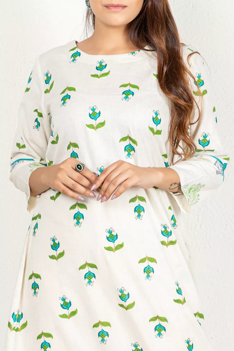 Cream With Blue & Green Cotton Flax Kurta