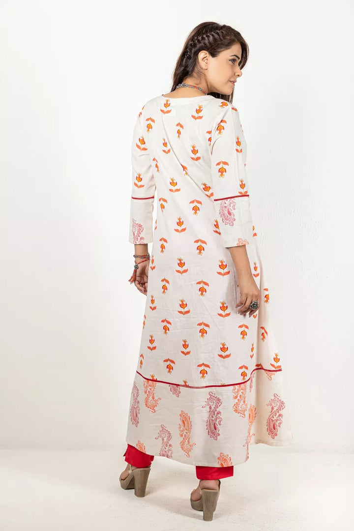 Cream With Orange & Red Cotton Flax Kurta