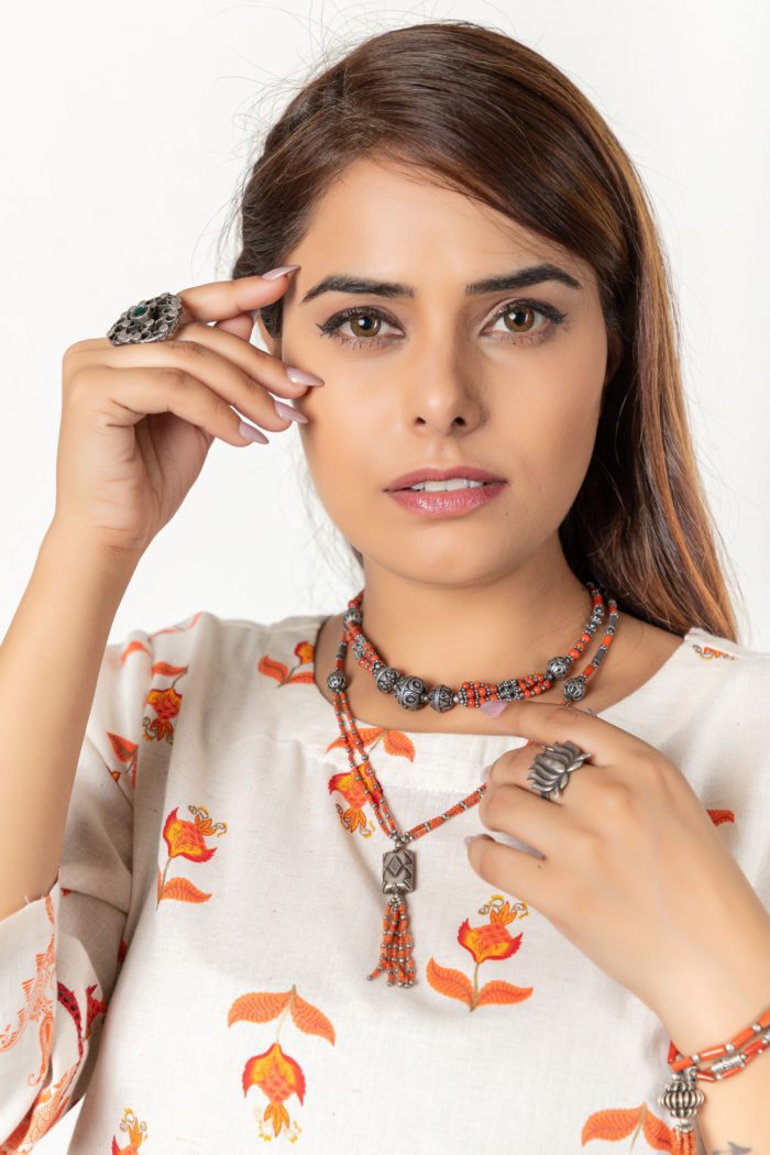 Orange Beaded And Piped Silver Necklace