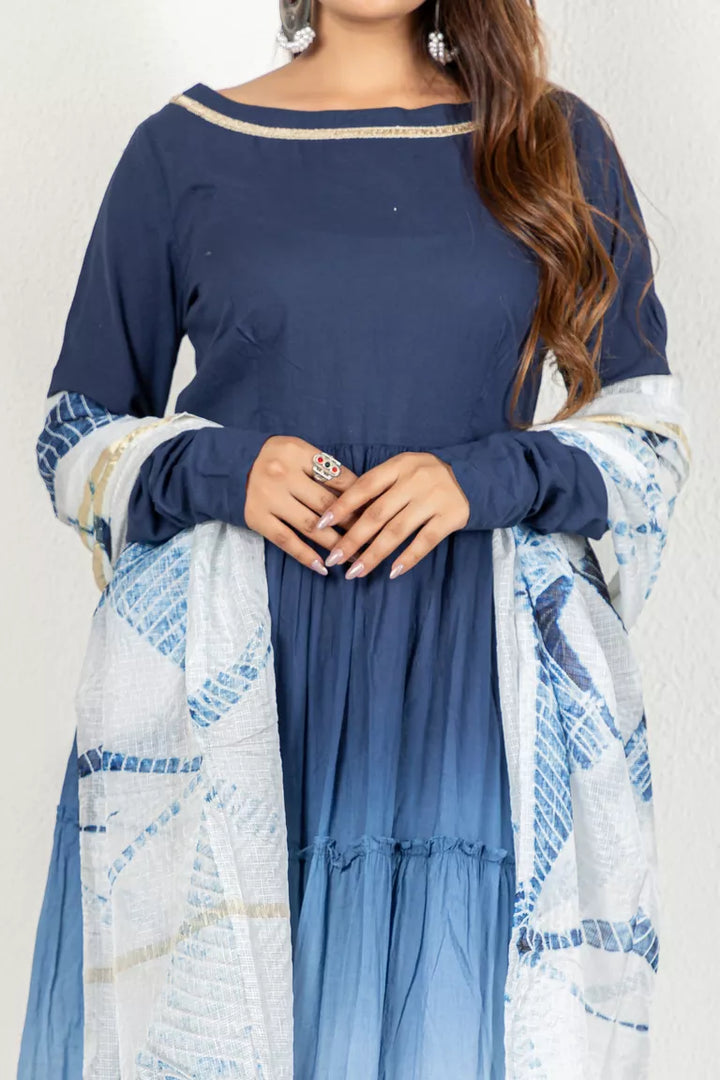 Blue & White Cotton Kurta With Dupatta Set