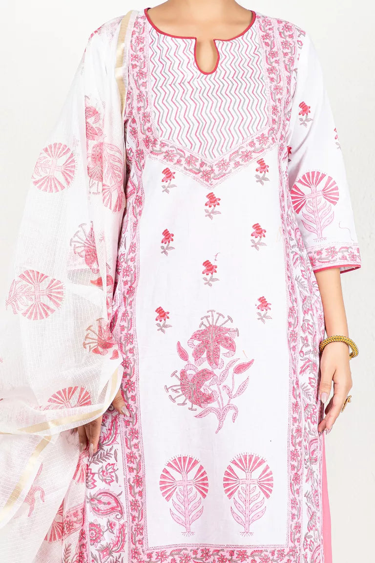 White & Pink Cotton 3/4 Sleeves Kurta With Dupatta Set