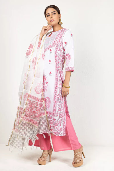 White & Pink Cotton 3/4 Sleeves Kurta With Dupatta Set