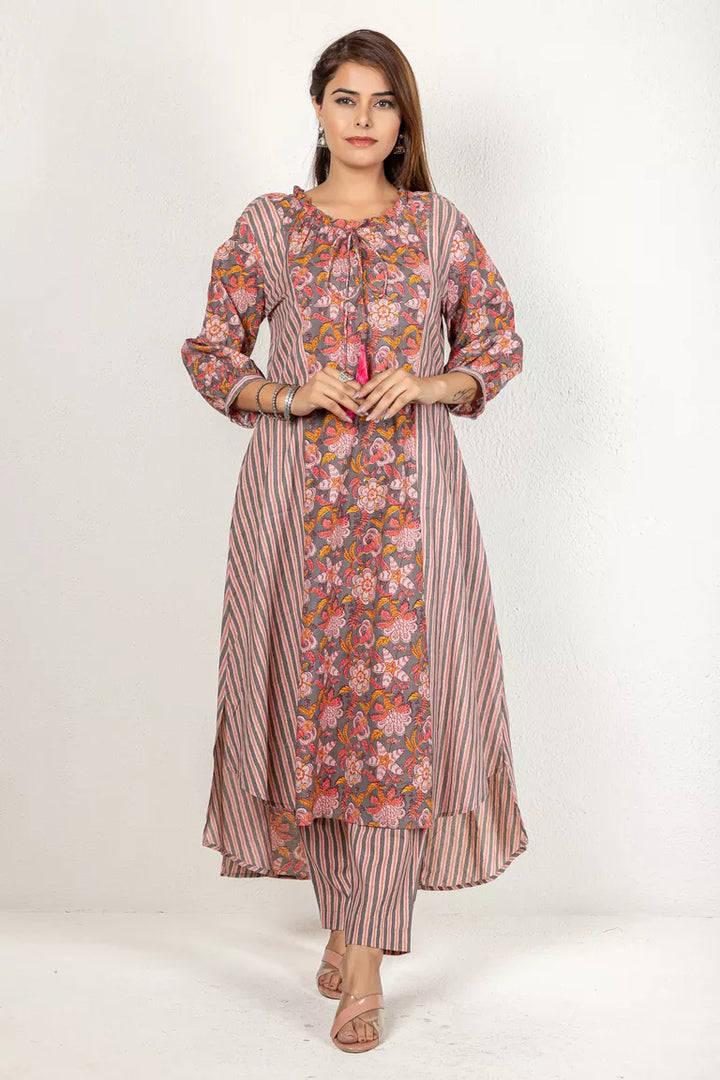 Grey, Beige, & Dusty Pink Printed Kurta