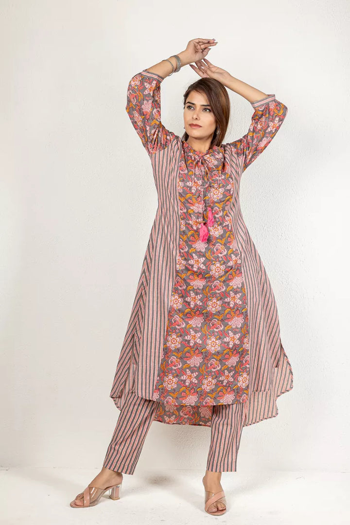 Grey, Beige, & Dusty Pink Printed Kurta