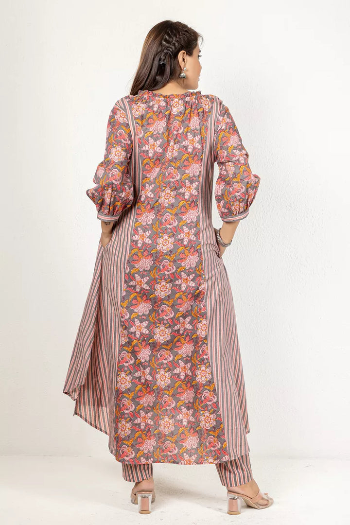 Grey, Beige, & Dusty Pink Printed Kurta