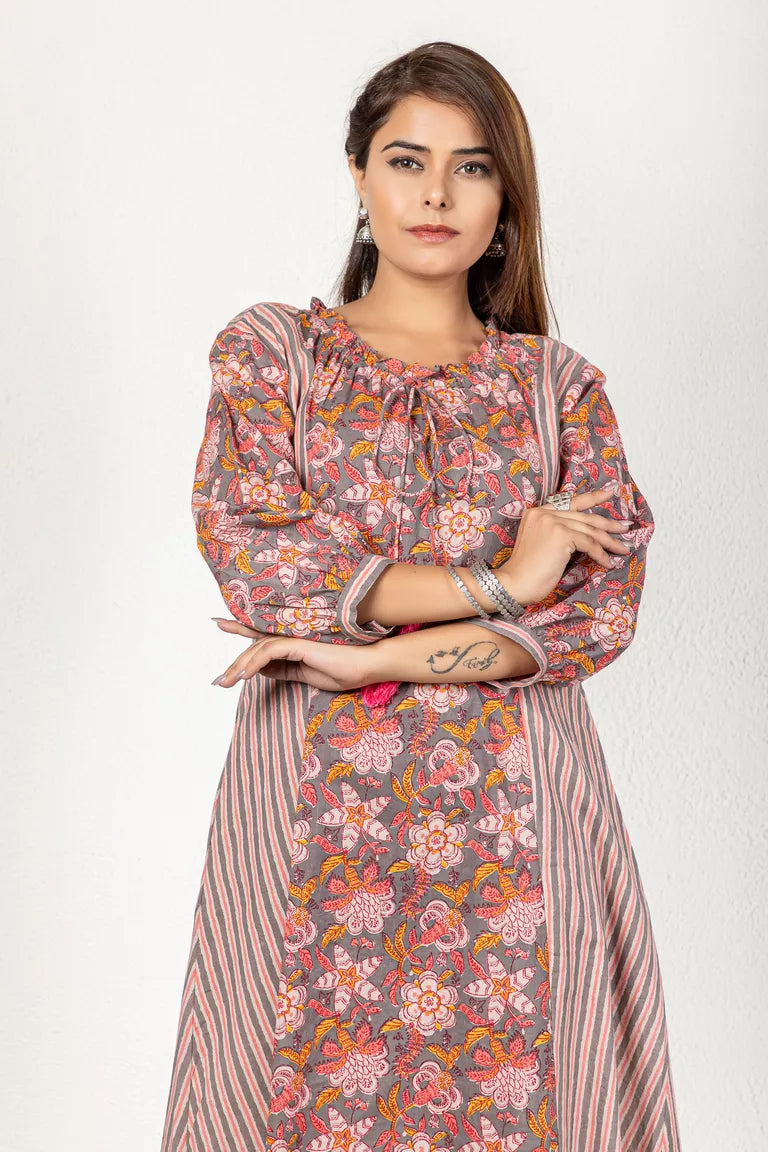 Grey, Beige, & Dusty Pink Printed Kurta