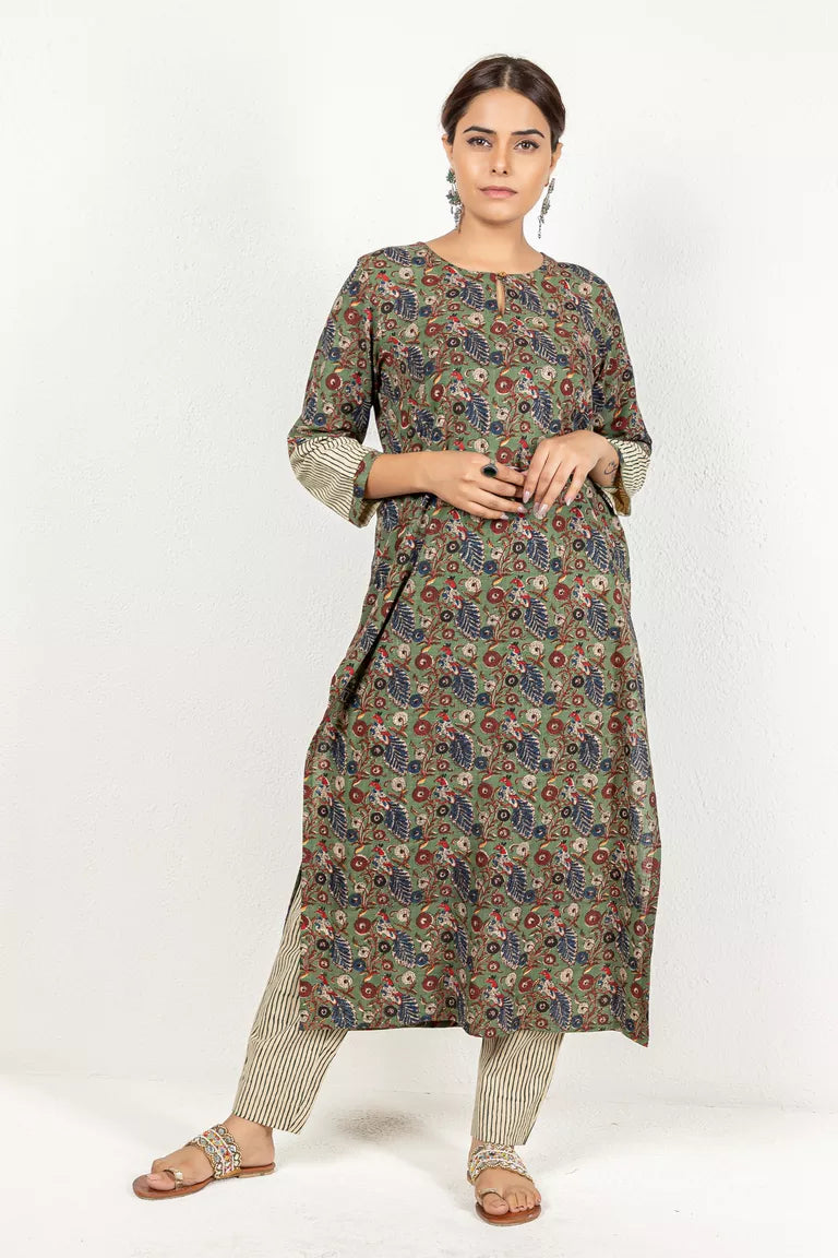 Green & Beige Kalamkari Kurta With Pants Set