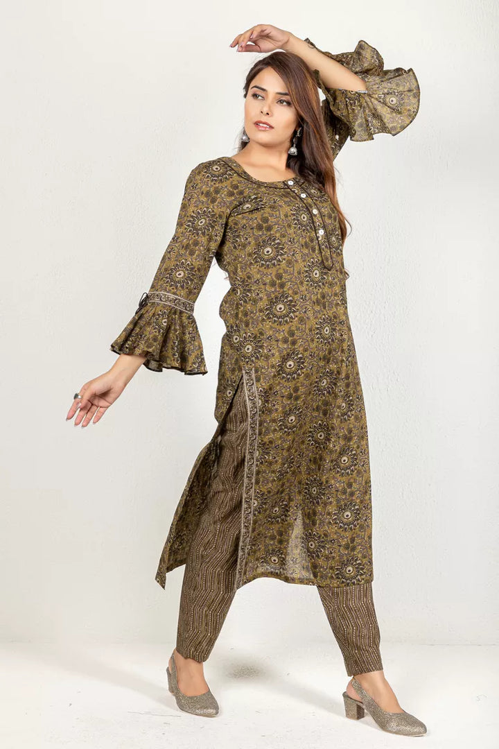 Army Green Cotton Printed Kurta With Pants Set