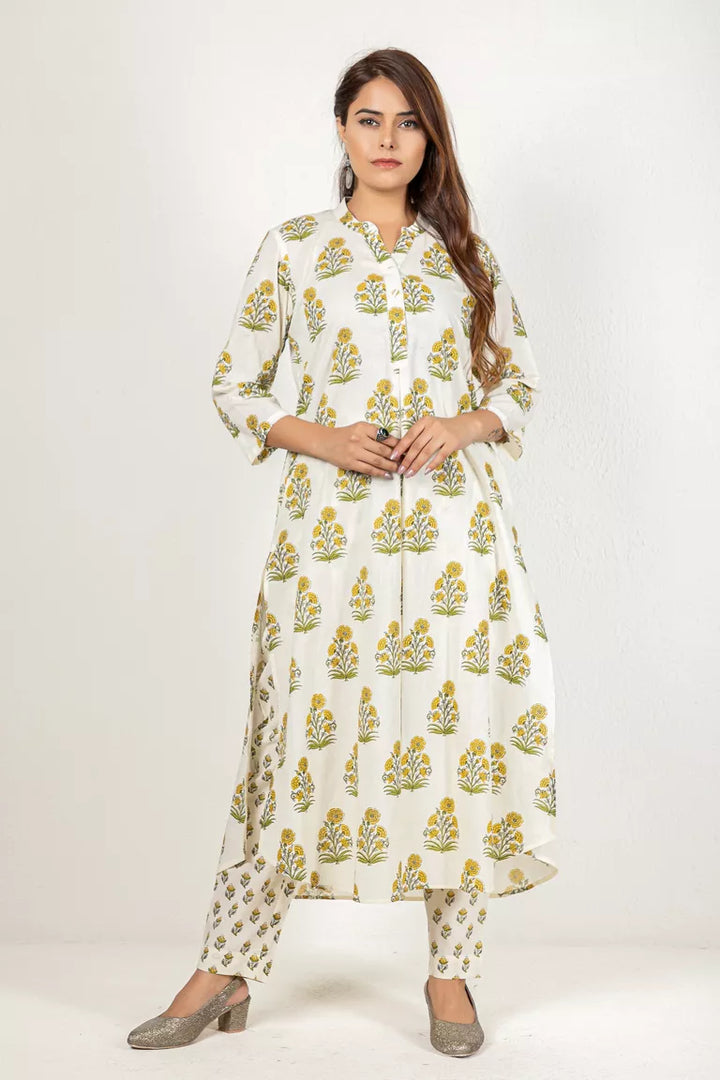 Cream & Green Cotton Printed Kurta With Pants Set