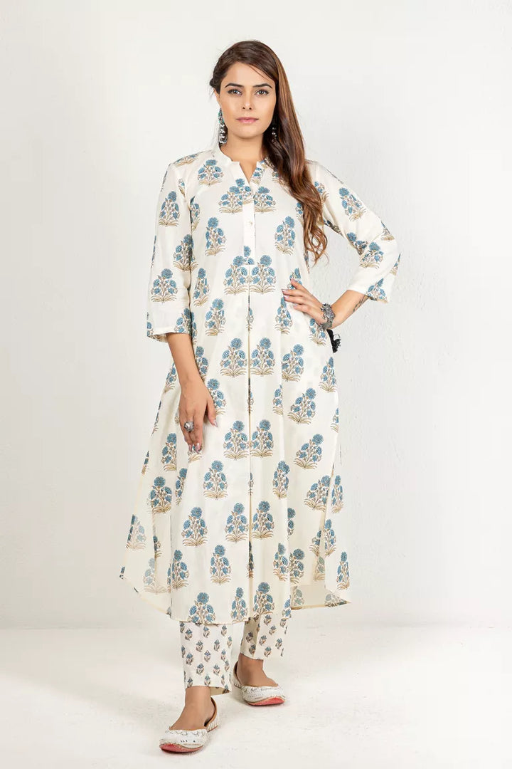 Cream & Blue Cotton Printed Kurta With Pants Set