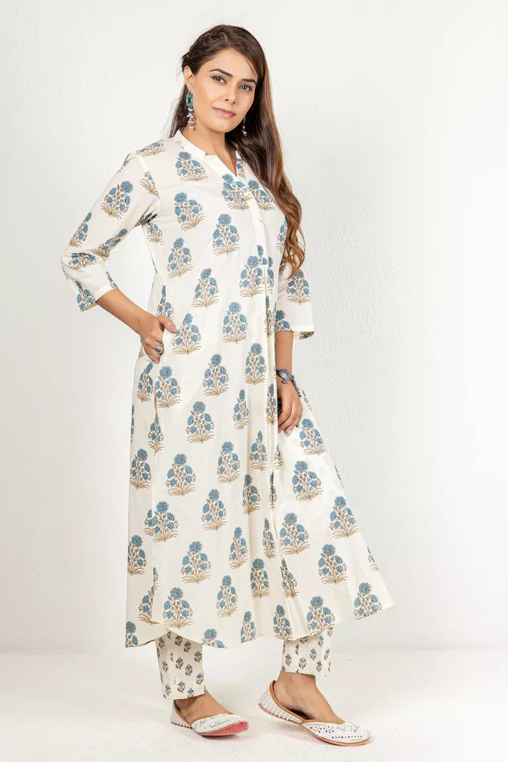 Cream & Blue Cotton Printed Kurta With Pants Set