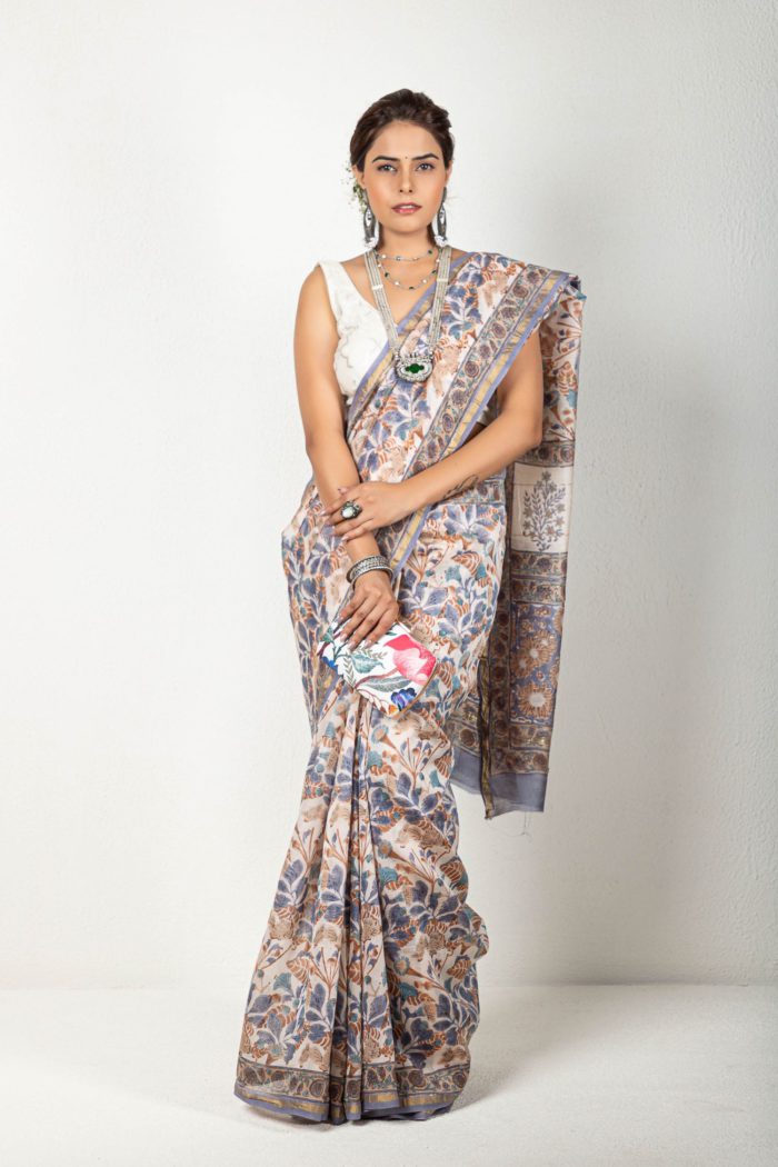 Off-White With Multicolor Print Saree