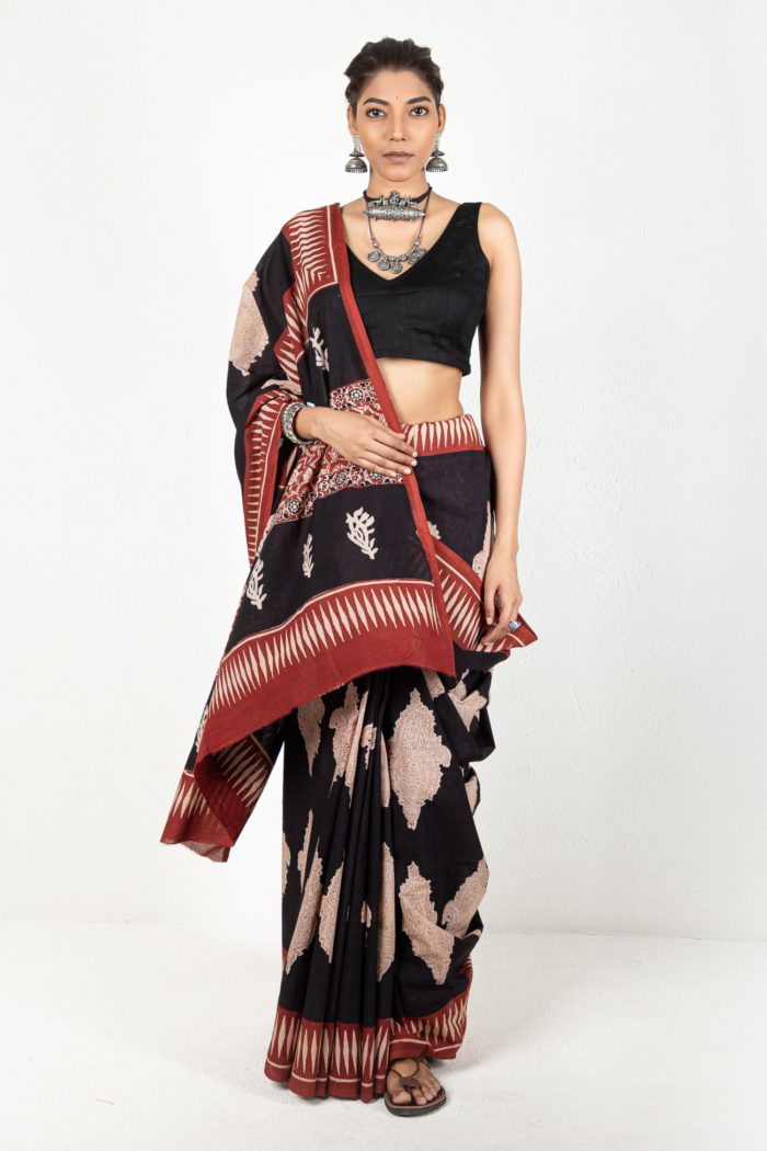 Maroon And Black Mulmul Saree