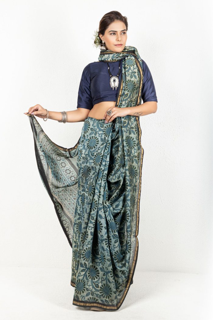 Indigo Blue And Grey Saree