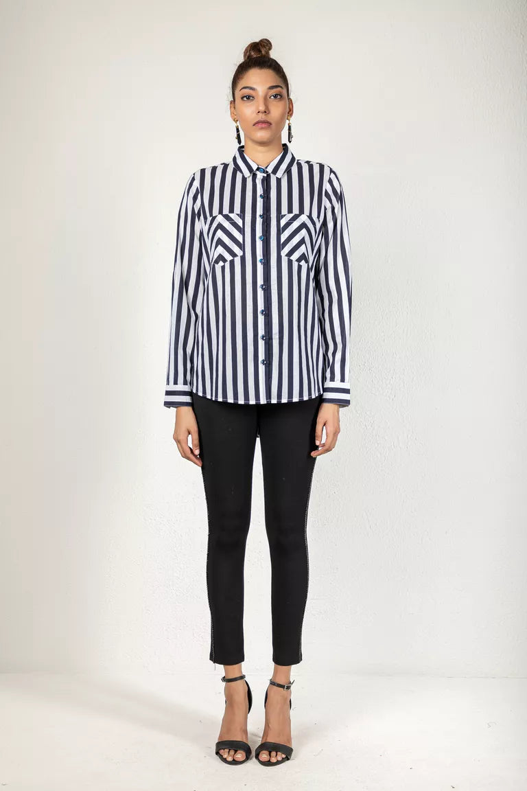 White & Blue Cotton Striped Shirt