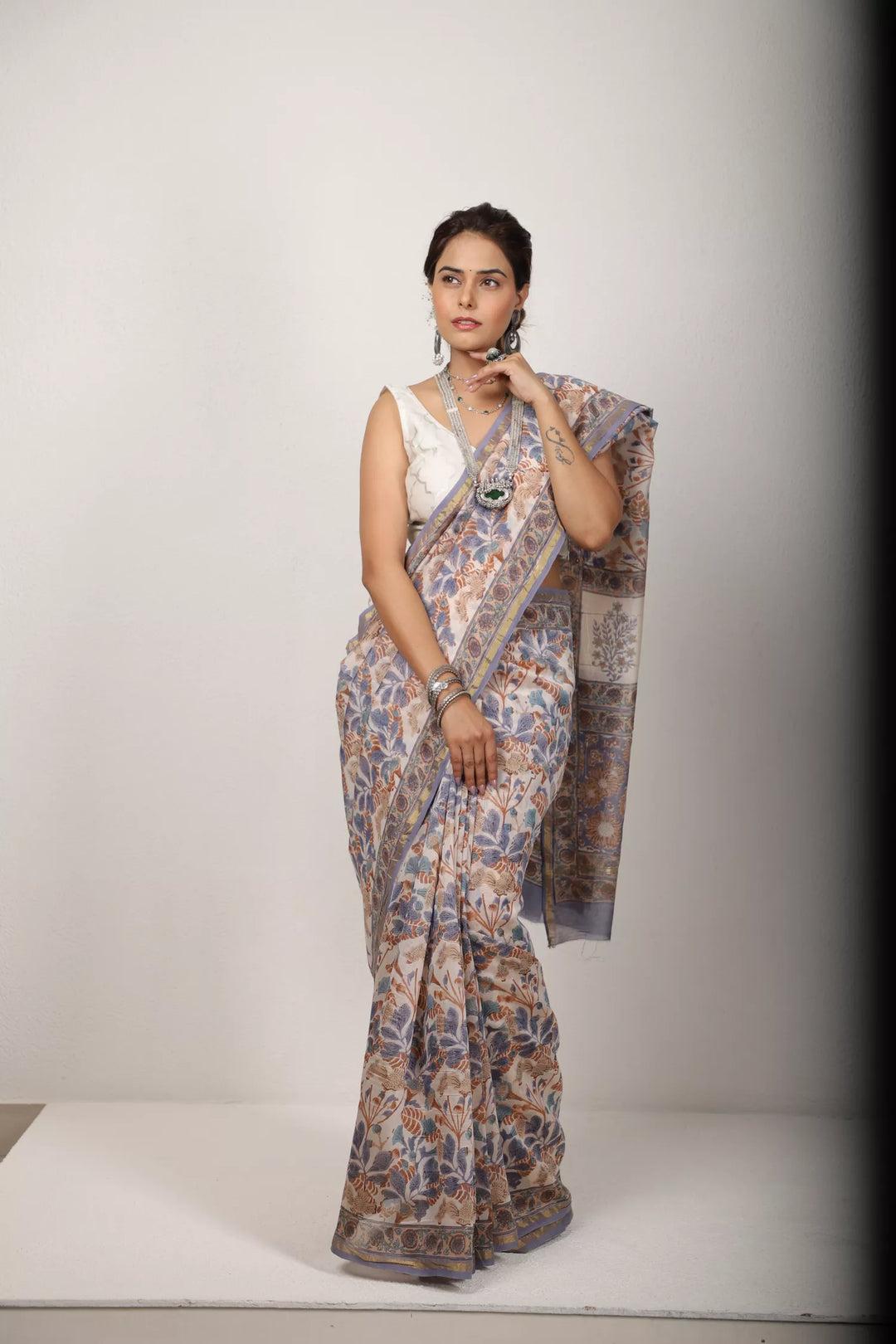 Off-White With Multicolor Print Saree