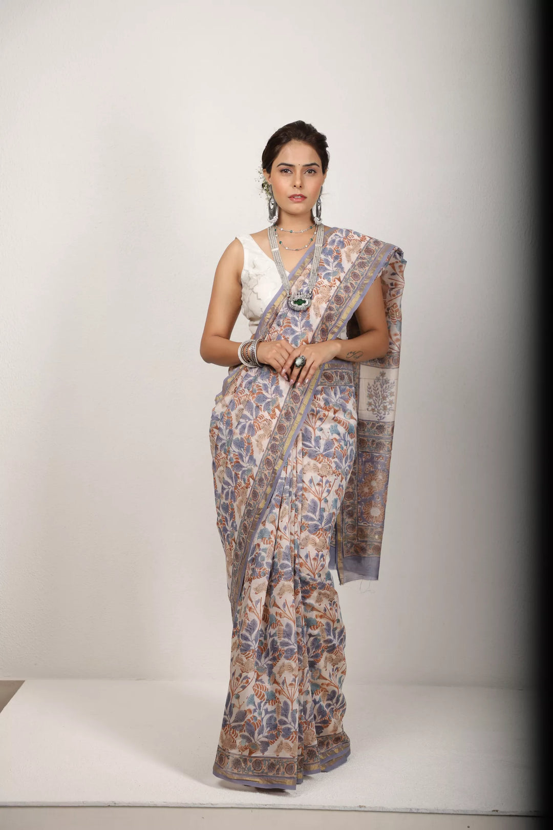 Off-White With Multicolor Print Saree