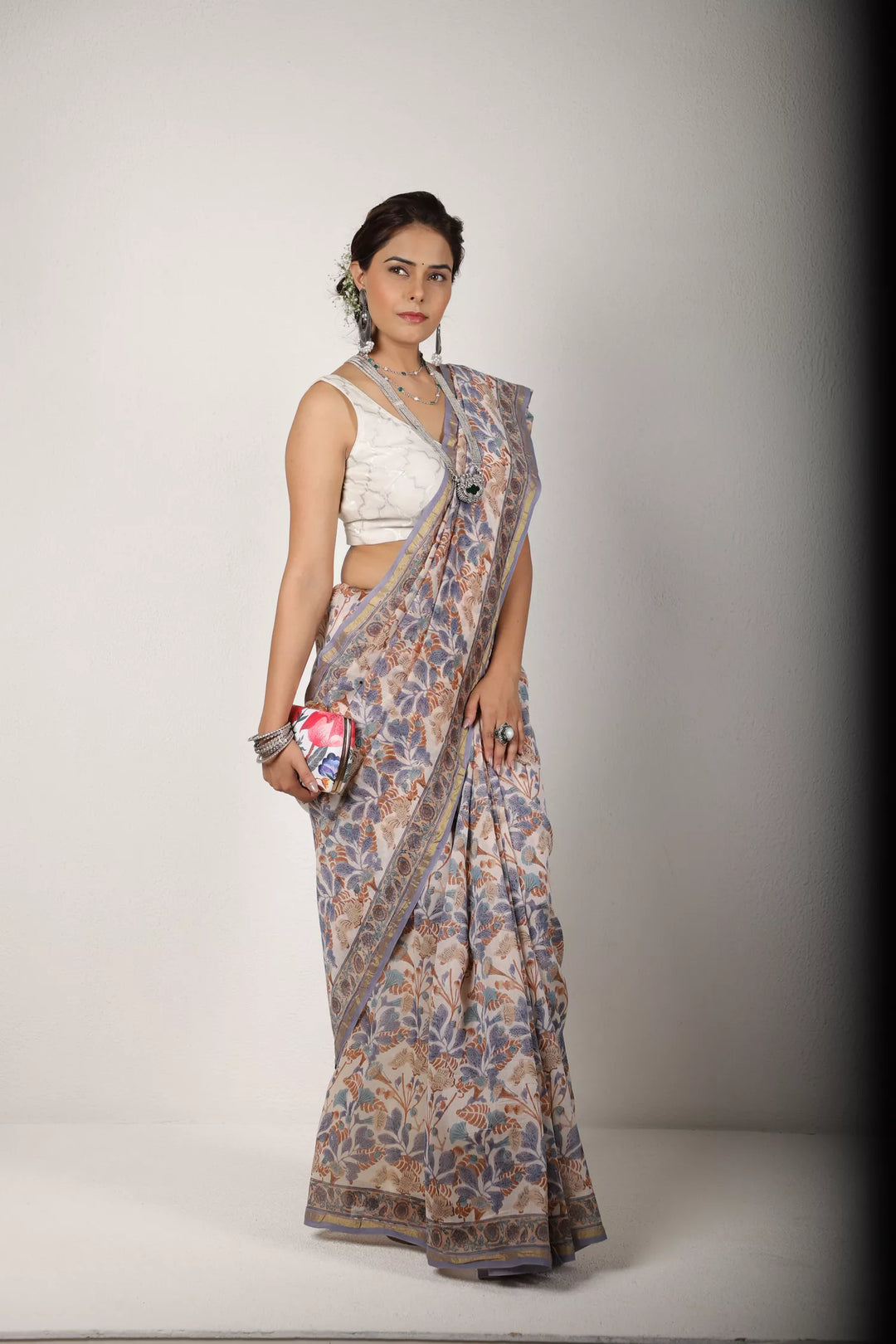 Off-White With Multicolor Print Saree