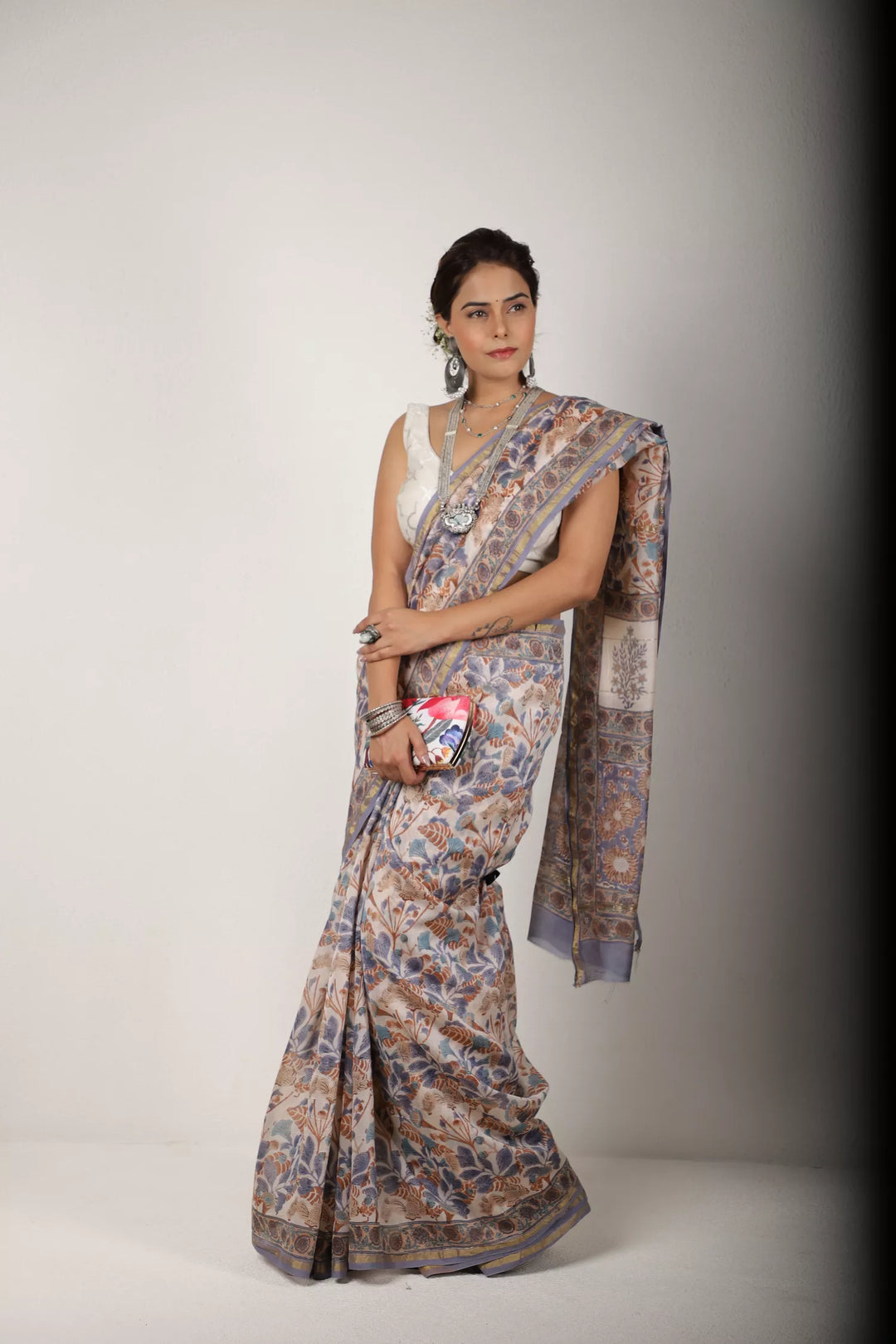 Off-White With Multicolor Print Saree