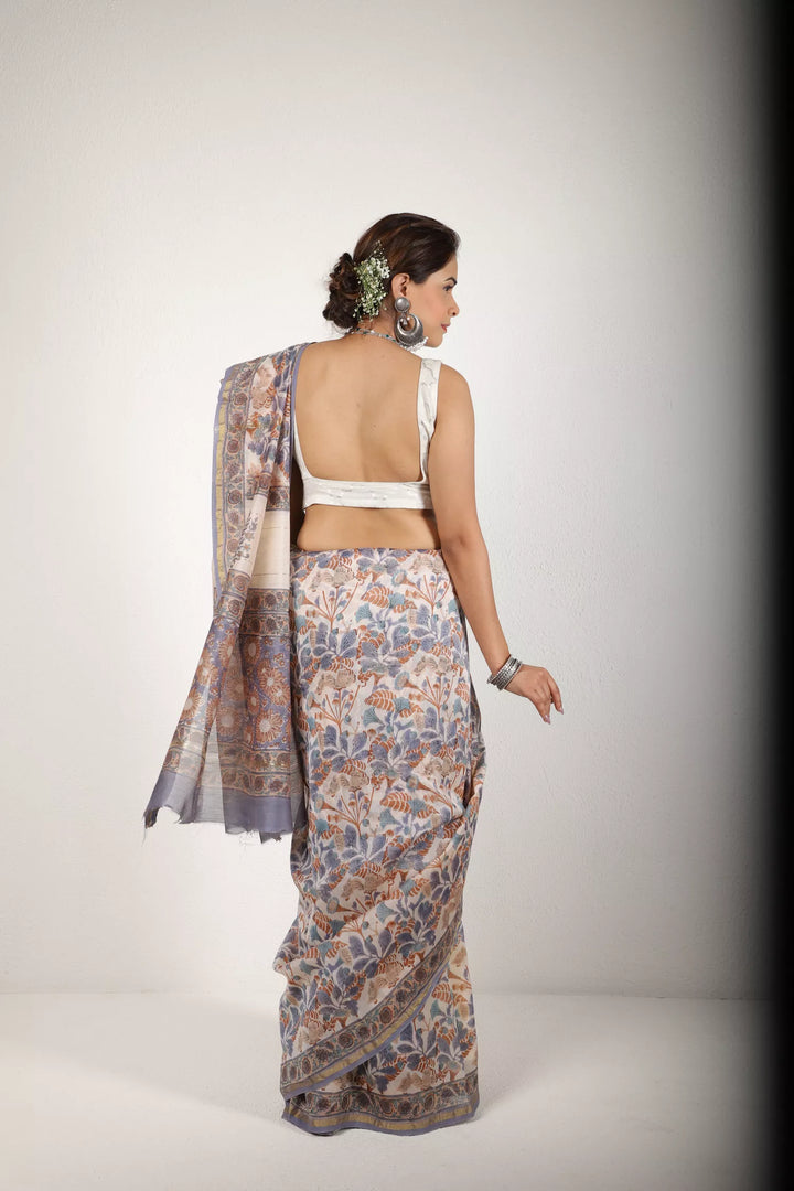 Off-White With Multicolor Print Saree