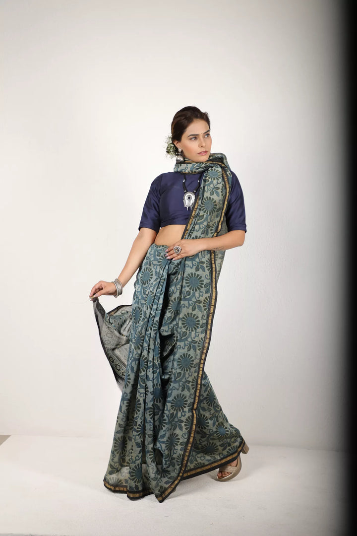 Indigo Blue And Grey Saree