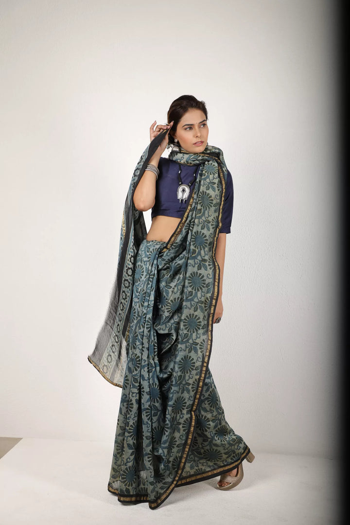 Indigo Blue And Grey Saree