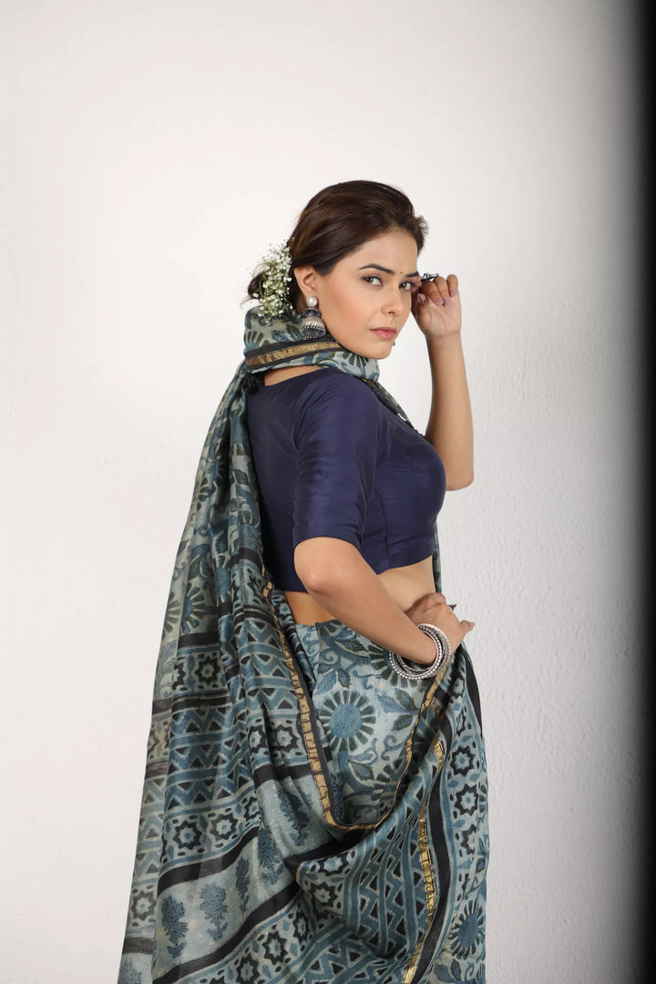 Indigo Blue And Grey Saree