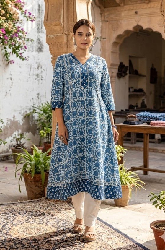 Indigo Blue Hand Block Dabu Print Cotton Kurta