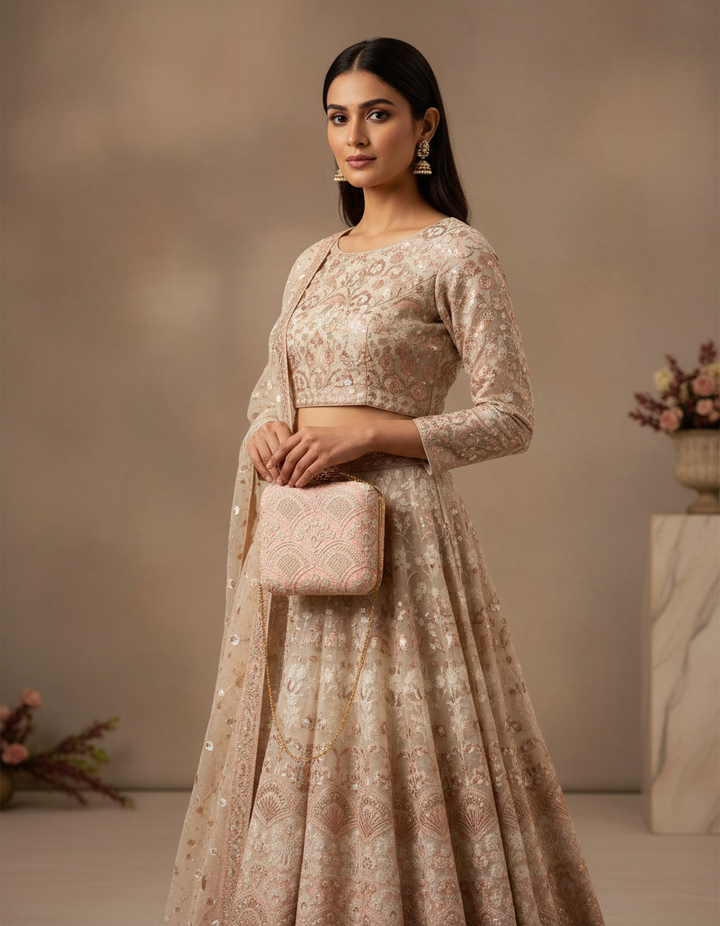 Baby Pink and White Thread work Silk Clutch