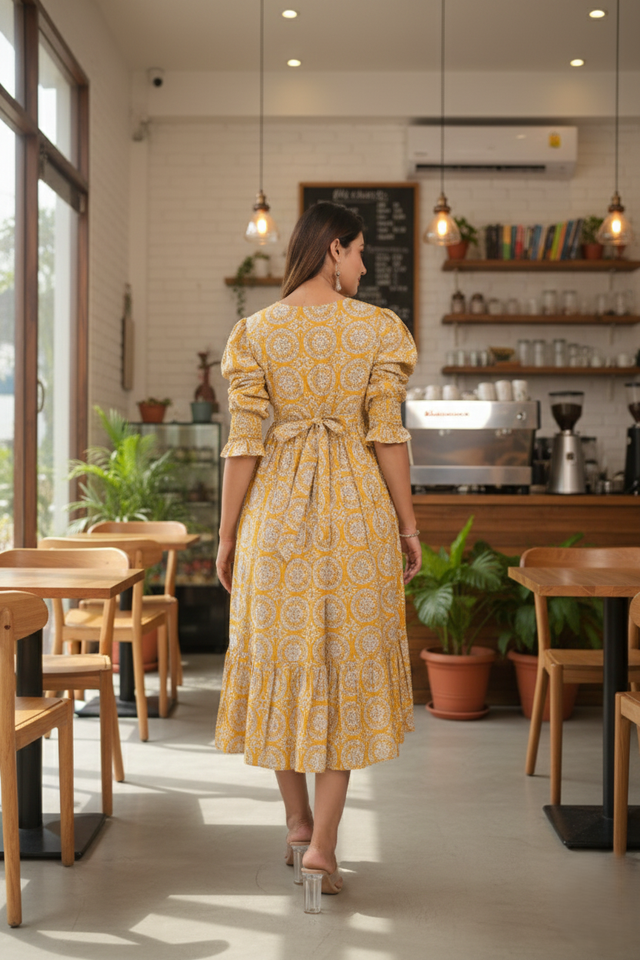 mustard-yellow-printed-tiered-long-dress