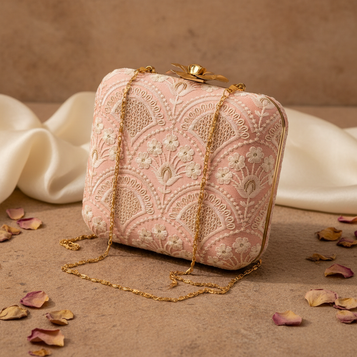 Baby Pink and White Silk Clutch