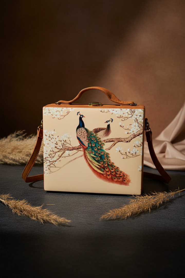 Cream Digital Peacock Print Suitcase Clutch