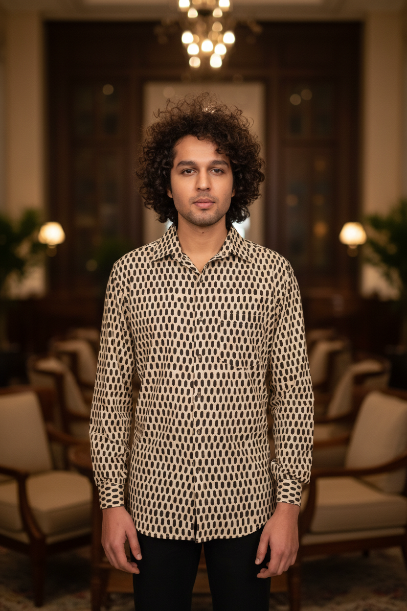 Beige and Black Block Print Shirt