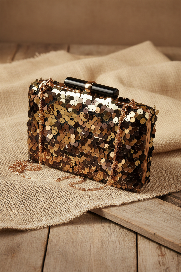 Black,Brown and Gold Sequins Clutch