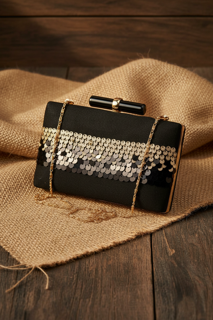 Black and Dull Gold Sequins Clutch