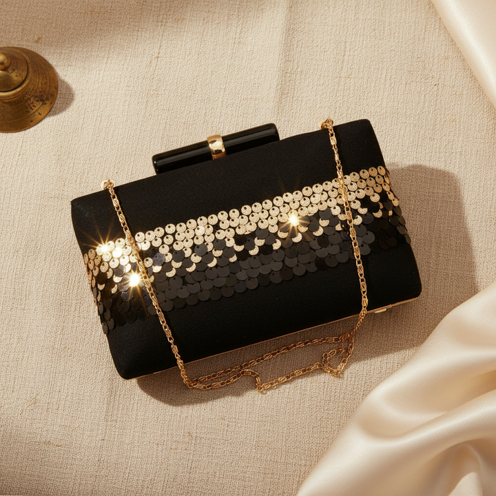 Black and Dull Gold Sequins Clutch