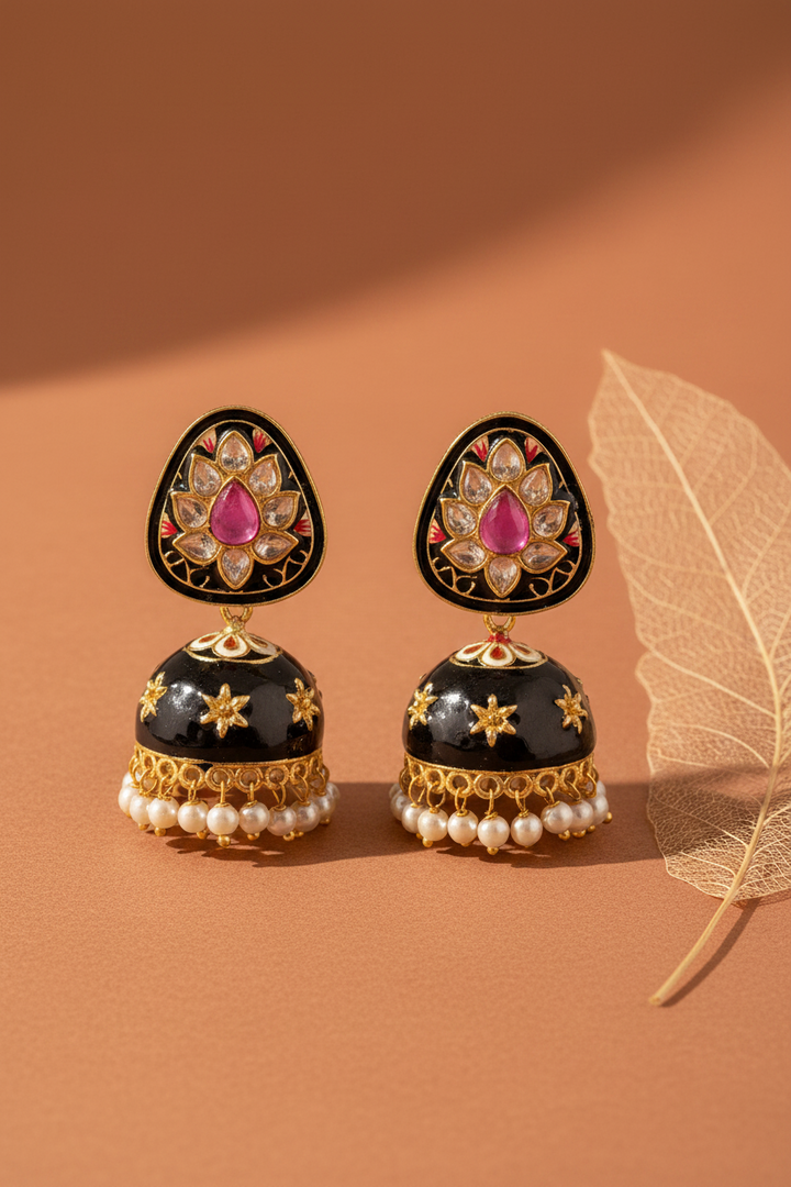 Black Flower Enamelled Jhumki