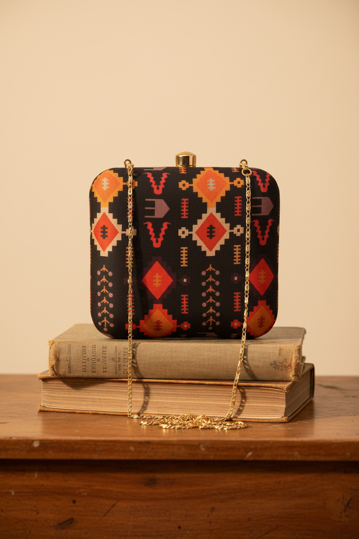 Black Ikat Print Silk Clutch