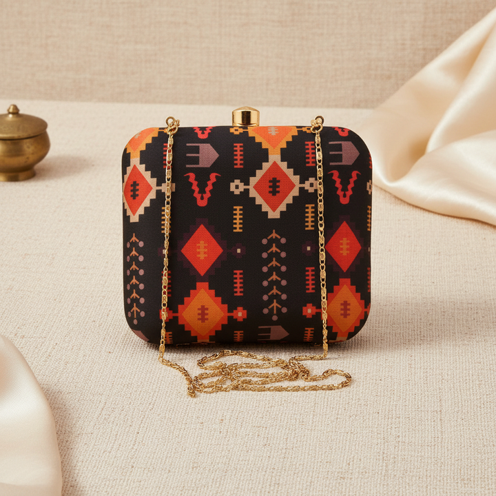 Black Ikat Print Silk Clutch