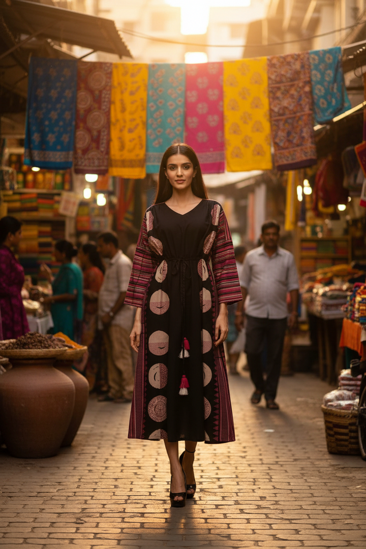 black-and-magenta-printed-drop-sleeve-dress