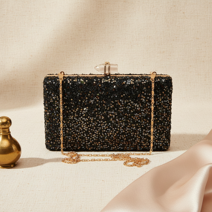Black, Silver and Gold Sequins Party Clutch