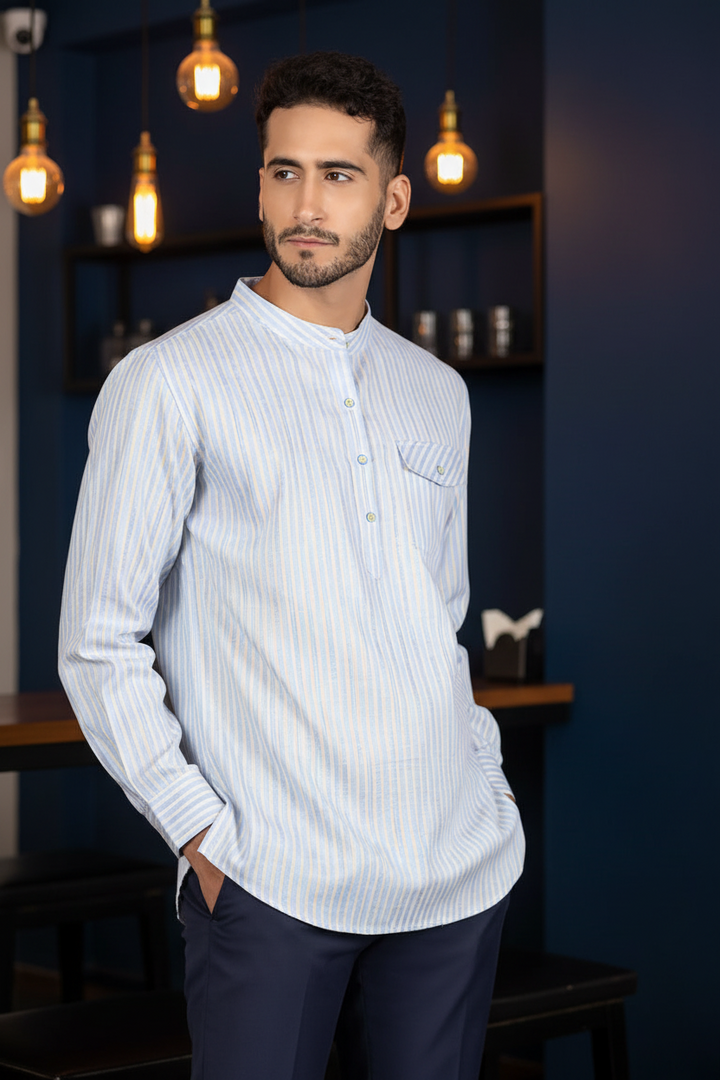 Blue And Yellow Woven Kurta