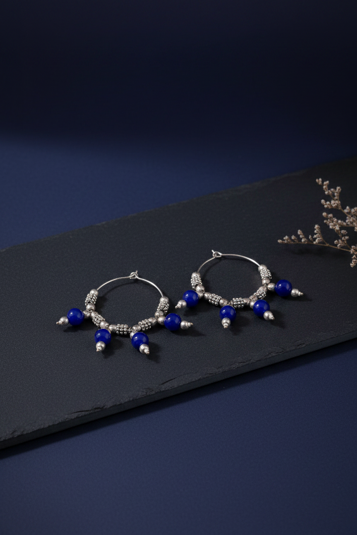 Blue Beads Silver Dangler Hoop Earrings