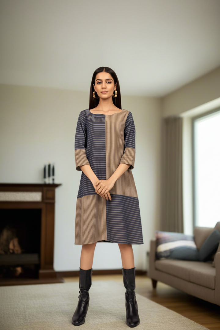 blue-and-beige-panel-dress