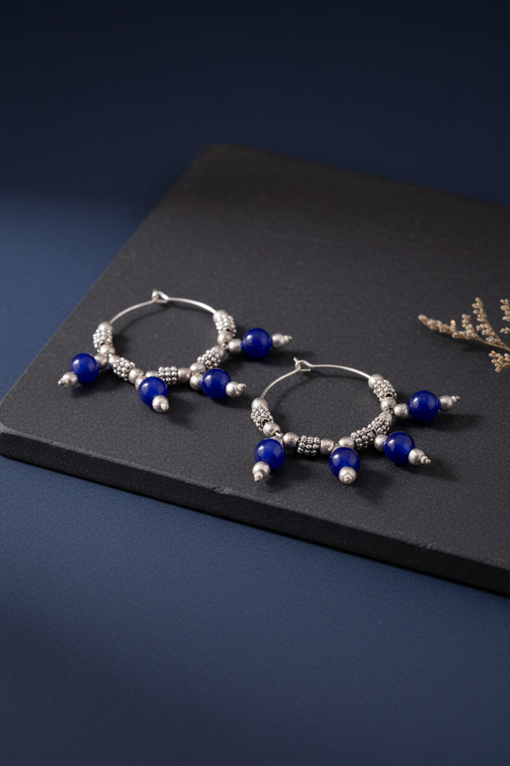 Blue Oxidised Silver Hoop Earrings