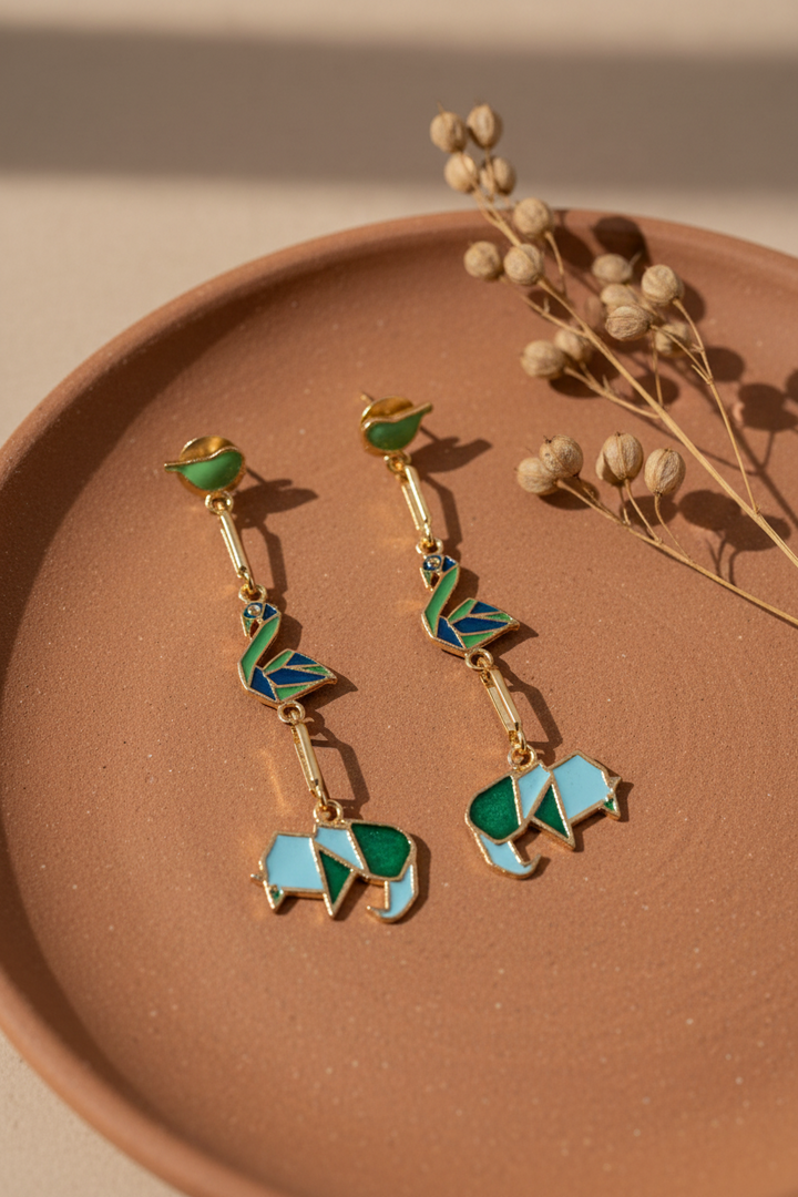 Blue Swan And Elephant Shape Hanging Earrings