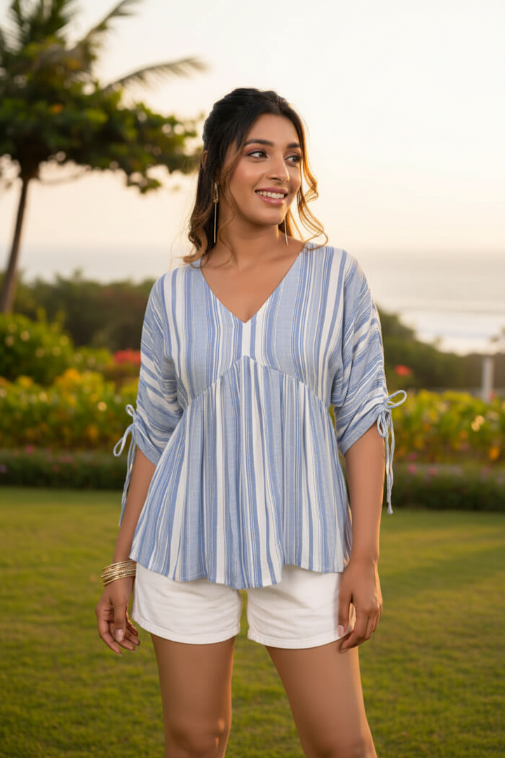 blue-and-white-striped-gathered-top
