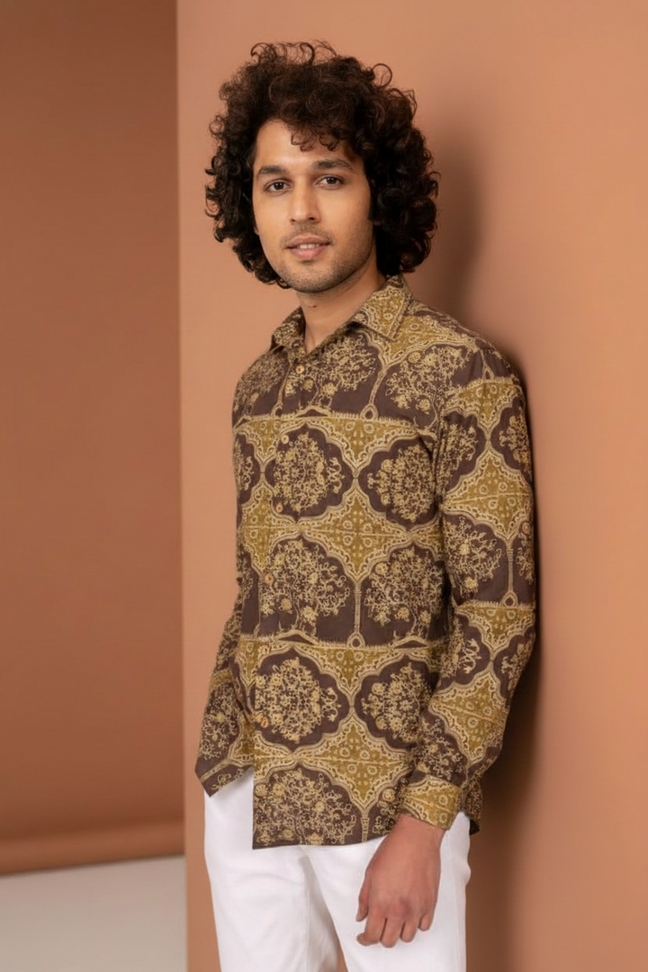 Brown And  Mustard Ajrakh Print Shirt